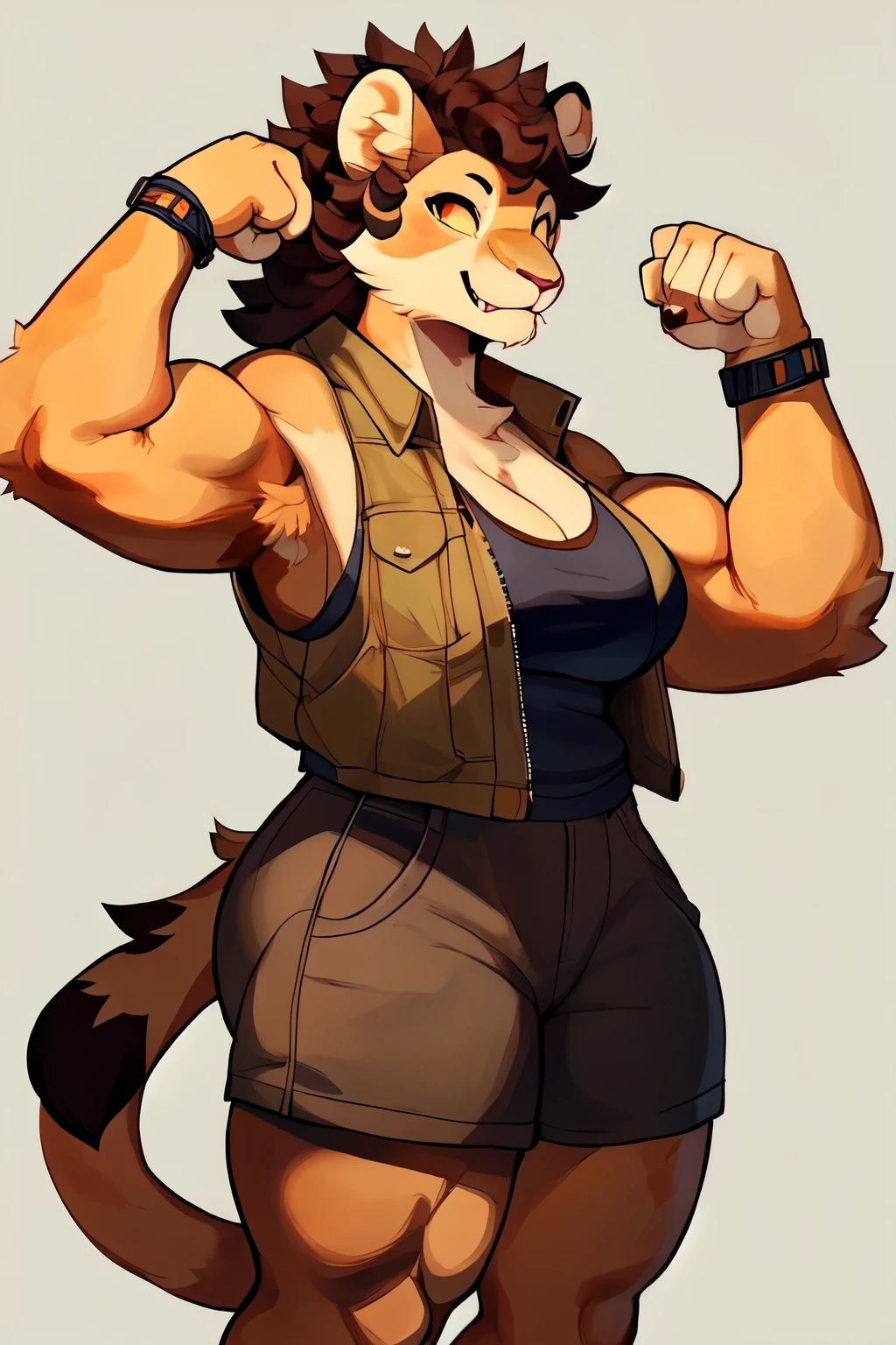 By bigcozyorca, by bebebebebe, by buta99, solo, female, (hair, snout), lioness, ((muscular, tall)), flexing, biceps, female, armpit hair, cleavage, smirking, fangs, curly hair, standing, burly, sleeveless jacket
