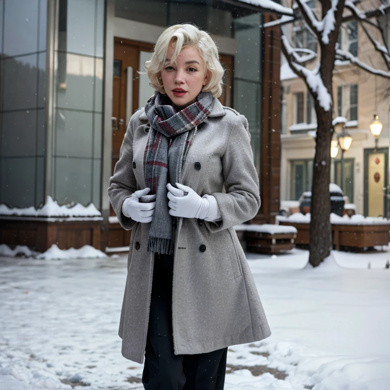 Marilyn Monroe in the snow wearing a coat and scarf