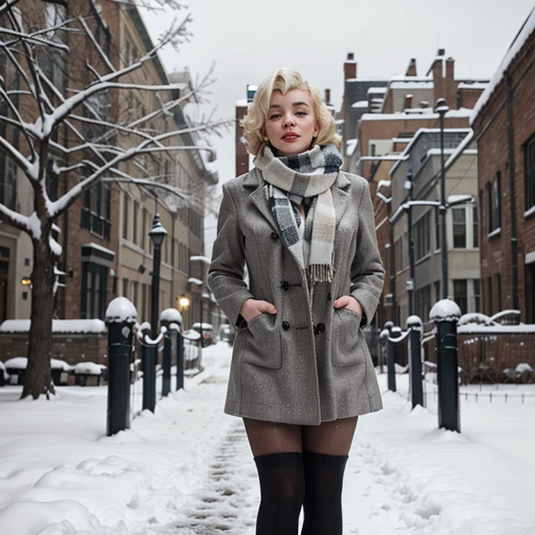 Marilyn Monroe in the snow wearing a coat and scarf