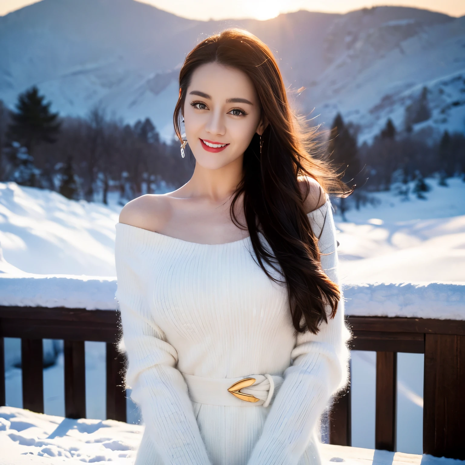 ((top quality、8k、Masterpiece:1.3))、Extremely delicate and beautiful girl,full-body shot,huge breasts,bigger breasts,amazing breast size,H cup,Bare shoulders,Expose a large breast,Expose more breasts。Wear big earrings,Very white skin,moist red lips,Waist is very thin,Thighs are very thin,big butt,fair and smooth skin,Smooth and fair skin,flawless skin,Fair and shiny skin,cold white skin,The camera focuses on the chest,Bright light,white sweater,Lower body exposed,white hair,White hair,heavy snow,snow mountain,sunset,lake,sweet smile,mouth slightly open