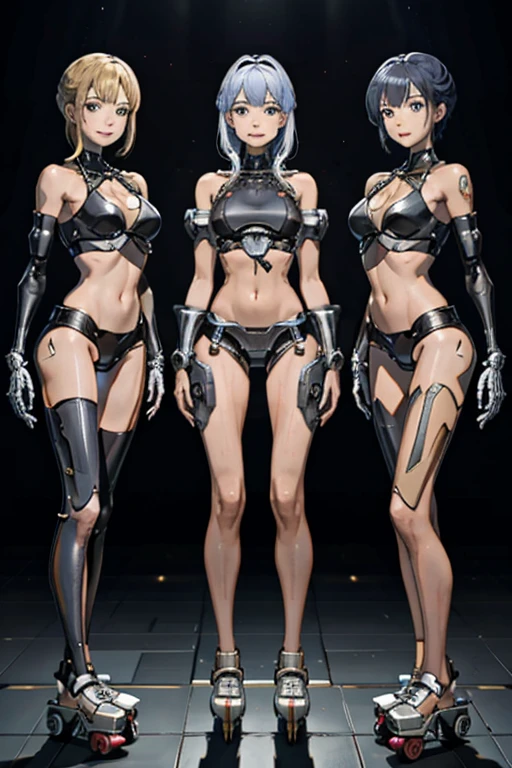 AutoバイMany women have been transformed into,
whole body mechanics,
Only the faces of all of them remain human.,
They all have different hair colors and hairstyles.,
Everyone's whole body is made of metal and mechanical parts.,
All of their abdomens have exposed internal skeletons.,
The top and bottom of everyone are connected by a suspension. Everyone has a different top shape.,
All tops are different sizes,
Everyone has a different bottom shape,
Everyone's bottoms and tops are different colors,
Not all body shapes are the same,
All have different leg shapes,
All of the legs are suspension.,
Everyone is wearing roller skates from the ankles down.,
ローラーはAutoバイThe tires are,
They all have height differences,
The bodies bear little resemblance to each other,
All standing together,
Everyone smiles at the master,
Group Selfie,
full body shot,
retina, table top, Accurate, anatomically correct, advanced details, highest quality, High resolution,
Inside the maintenance workshop