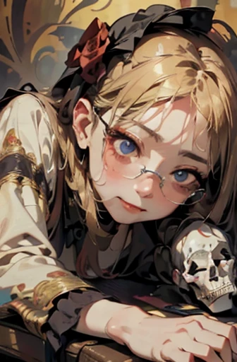 (masterpiece), (High resolution), (super delicate),,(Horror elements), face up,((Alphonse Mucha 1.5))K Blonde、Clown makeup、glasses