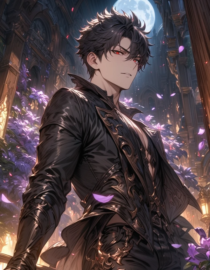 absurdres, highres, ultra detailed, HDR), masterpiece, Belial, black short hair, hair between the eyes, expressive red eyes, black clothes, black pants, 1man, handsome, granblue fantasy, purple flowers, purple petals, moon, window