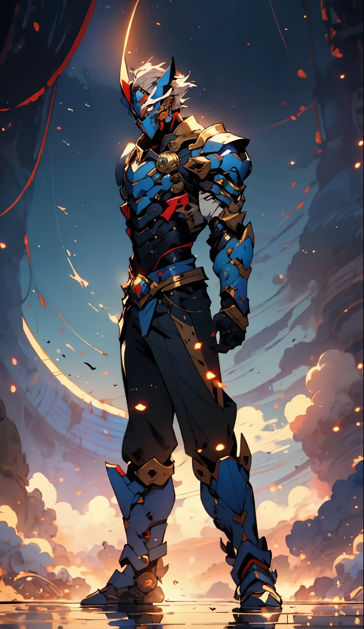 A man with short golden hair slicked back, his face entirely obscured by a Dynastinae concept mask, full mask, cold gaze, clad in an indigo blue fantasy-style Dynastinae concept chest plate, his arms and legs are clad in matching armor, he wears a white undershirt and trousers with golden stripes, standing within a magnificent fantasy-style palace, this character embodies a finely crafted fantasy-style masked light armor warrior in anime style, exquisite and mature manga art style, high definition, best quality, highres, ultra-detailed, ultra-fine painting, extremely delicate, professional, perfect body proportions, golden ratio, anatomically correct, symmetrical face, extremely detailed eyes and face, high quality eyes, creativity, RAW photo, UHD, 32k, Natural light, cinematic lighting, masterpiece-anatomy-perfect, masterpiece:1.5