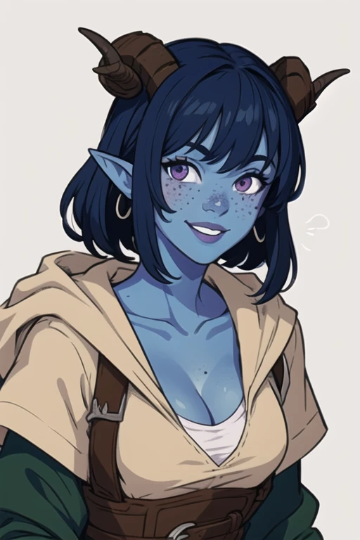 masterpiece, best quality, 1girl, jesterlavorre, blue hair,  purple eyes, blue skin, freckles, colored skin, horns, pointy ears,, tiefling, smile, looking at viewer, solo , cleavage 