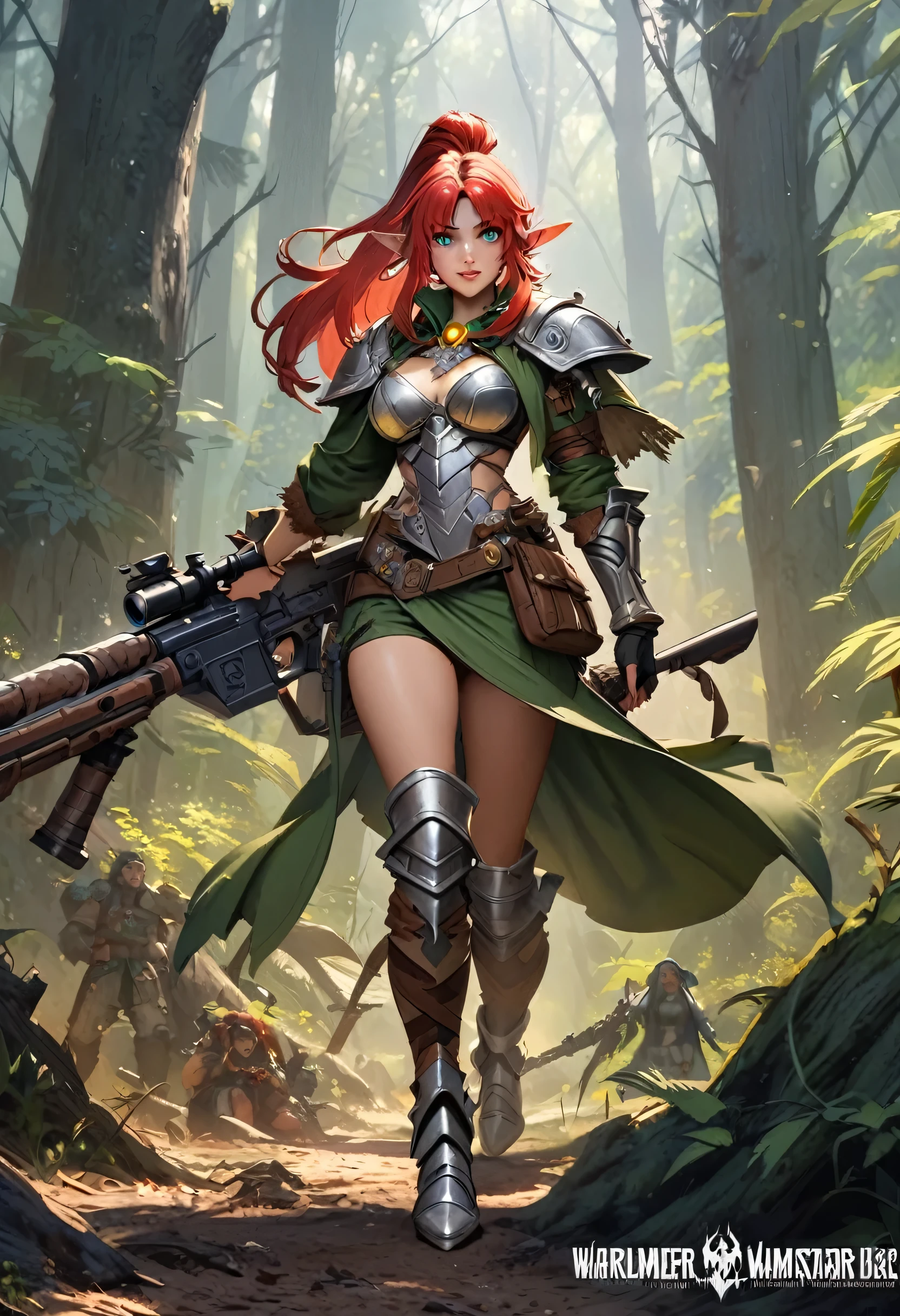 A painting of a woman with an alien sniper rifle in a forest, female elf ranger, alluring ranger, female forest archer, female wood elf rogue, forest hunter lady, epic fantasy, epic elven warrior, Warhammer 40k, Solo, Detailed Face, Detailed Eyes, Green Cloth, Silver Armor, Yellow Forehead Jewel, Full Body, Red Hair, High Ponytail, Neat Hair, fully clothed,