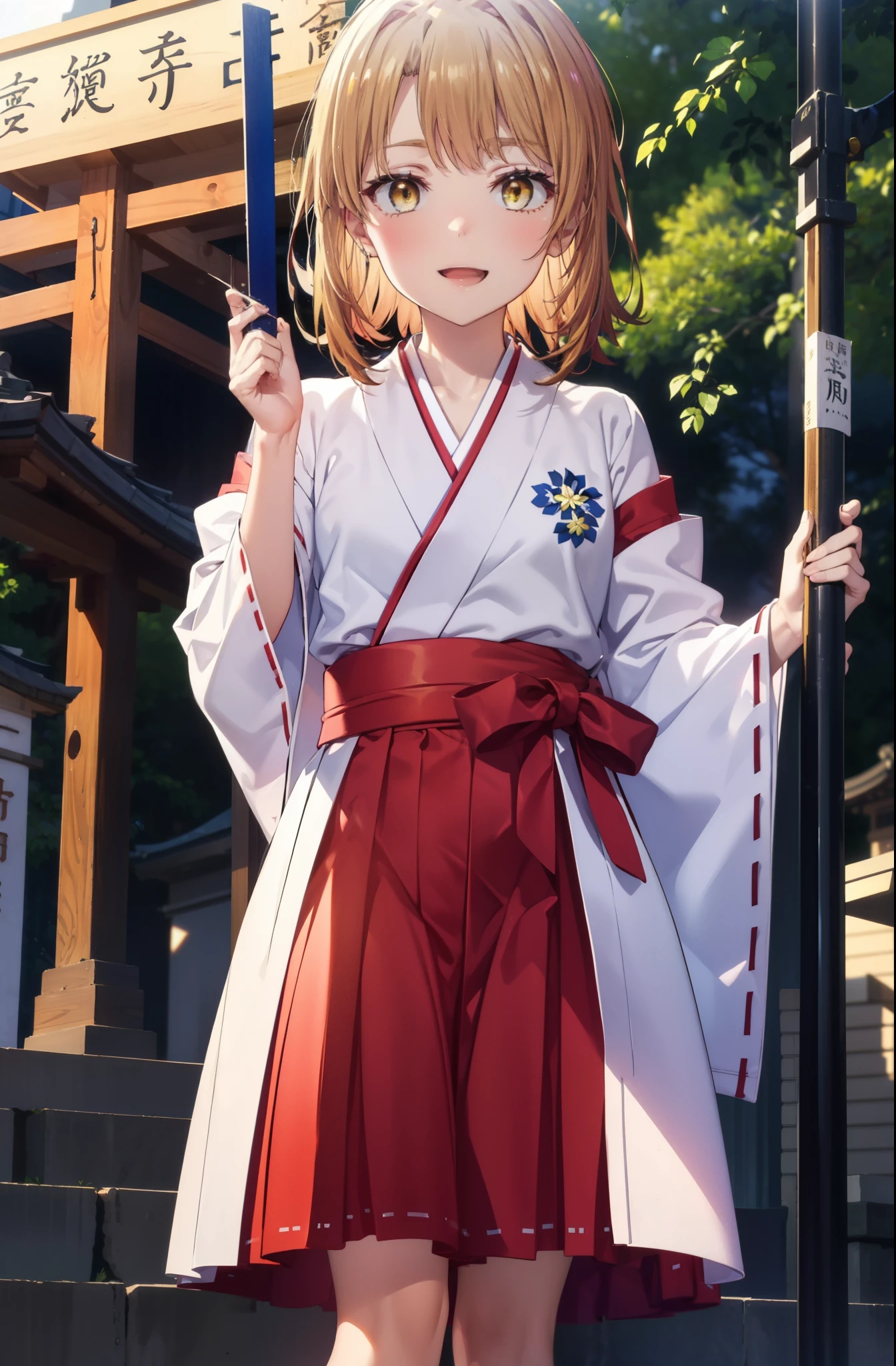 irohaisshiki, iroha isshiki, long hair, brown hair, (brown eyes:1.5), low ponytail,short braided hair,happy smile, smile, open your mouth,Bellflower,Miko, white kimono, Red too,kimono, White footbag,Zori sandals,same as skirt, wide sleeve, long sleeve, Ribbon trim sleeves,
looking at the viewer, Are standing,
very long hair, dull bangs, low ponytail,
break outdoors, shrine,torii,
break looking at viewer, (cowboy shot:1. 5)
break (masterpiece:1.2), highest quality, High resolution, unity 8k wallpaper, (shape:0.8), (fine and beautiful eyes:1.6), highly detailed face, perfect lighting, Very detailed CG, (perfect hands, perfect anatomy),