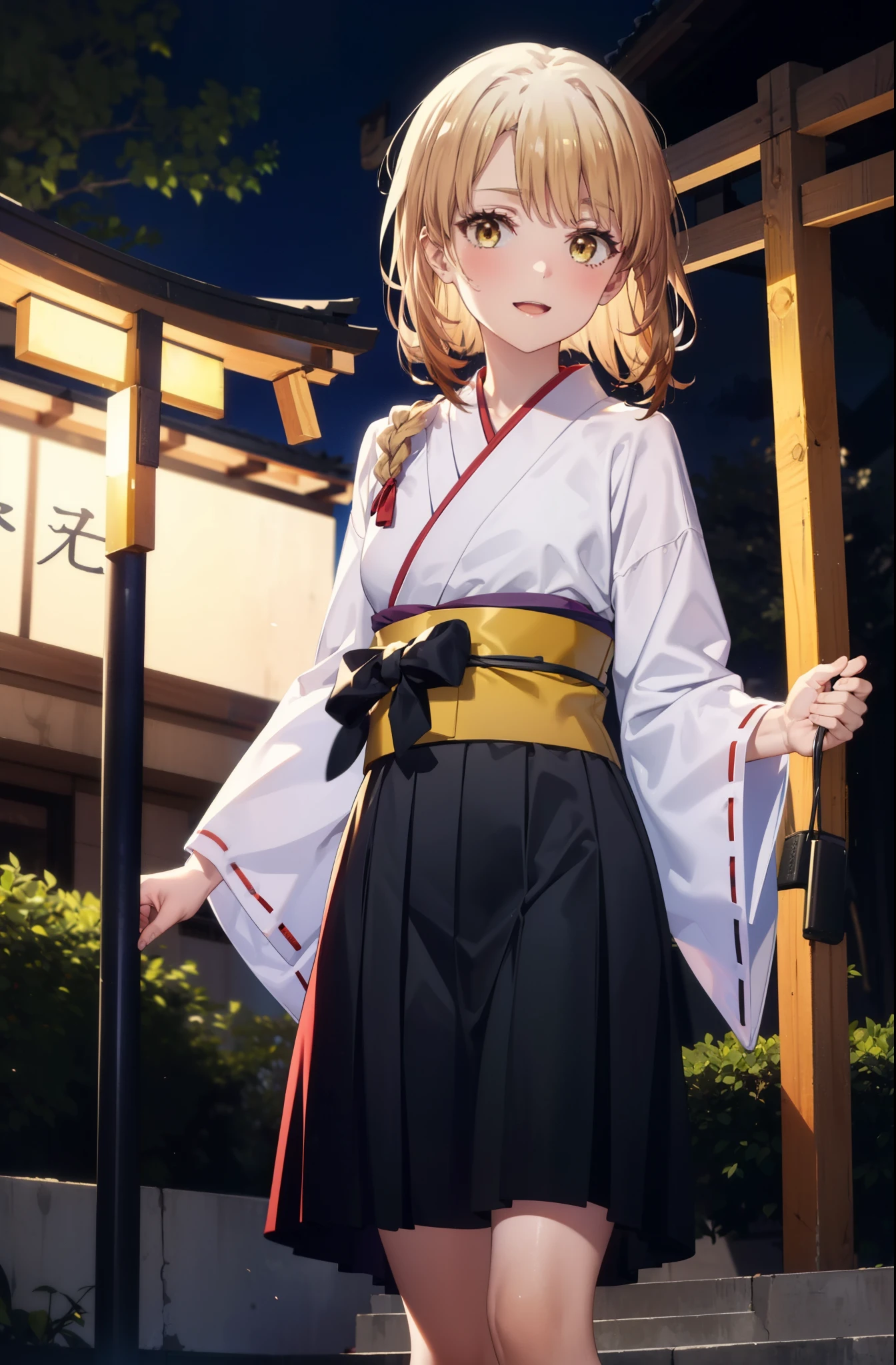 irohaisshiki, iroha isshiki, long hair, brown hair, (brown eyes:1.5), low ponytail,short braided hair,happy smile, smile, open your mouth,Bellflower,Miko, white kimono, Red too,kimono, White footbag,Zori sandals,same as skirt, wide sleeve, long sleeve, Ribbon trim sleeves,  
looking at the viewer, Are standing, 
very long hair, dull bangs, low ponytail, 
break outdoors, shrine,torii,
break looking at viewer, (cowboy shot:1. 5)
break (masterpiece:1.2), highest quality, High resolution, unity 8k wallpaper, (shape:0.8), (fine and beautiful eyes:1.6), highly detailed face, perfect lighting, Very detailed CG, (perfect hands, perfect anatomy),