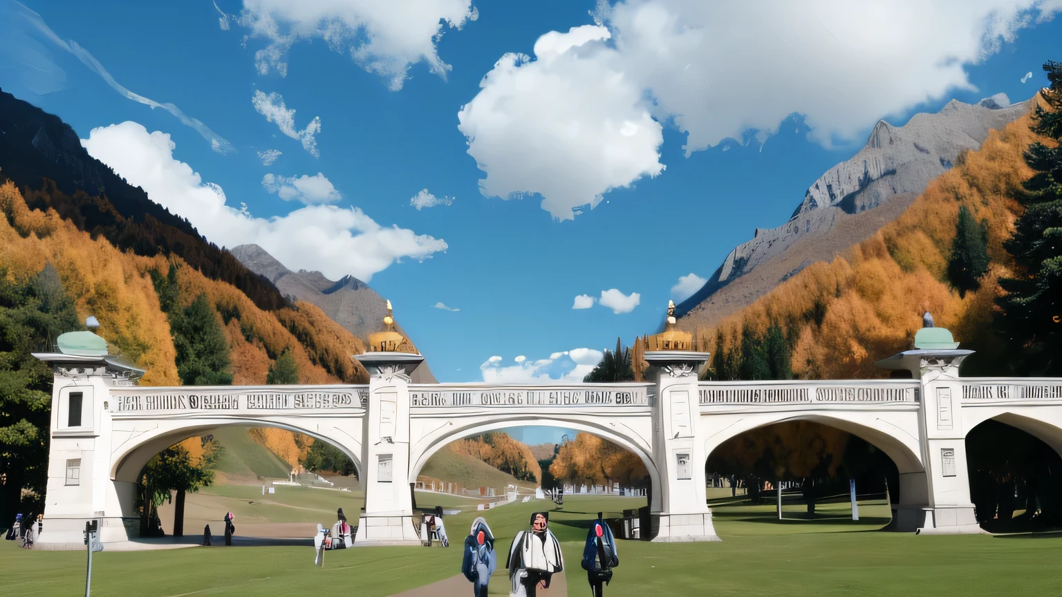 Pictures that can be used as backgrounds for study abroad websites，Requires university gate，Blue sky and white clouds，grassland，There are students from different countries wearing school uniforms，Students are a large number of prospects，The main features are the university gate and the blue sky and white clouds.，grassland。