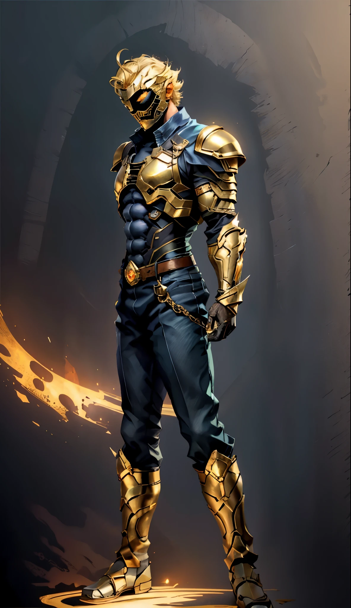 A man with short golden hair slicked back, his face entirely obscured by a Dynastinae concept mask, full mask, cold gaze, clad in an indigo blue fantasy-style Dynastinae concept chest plate, his arms and legs are clad in matching armor, he wears a white undershirt and trousers with golden stripes, standing within a magnificent fantasy-style palace, this character embodies a finely crafted fantasy-style masked light armor warrior in anime style, exquisite and mature manga art style, high definition, best quality, highres, ultra-detailed, ultra-fine painting, extremely delicate, professional, perfect body proportions, golden ratio, anatomically correct, symmetrical face, extremely detailed eyes and face, high quality eyes, creativity, RAW photo, UHD, 32k, Natural light, cinematic lighting, masterpiece-anatomy-perfect, masterpiece:1.5