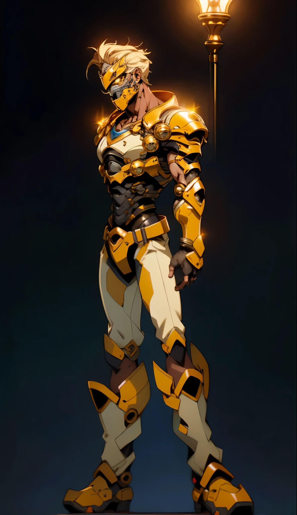 A man with short golden hair slicked back, his face entirely obscured by a Dynastinae concept mask, full mask, cold gaze, clad in an indigo blue fantasy-style Dynastinae concept chest plate, his arms and legs are clad in matching armor, he wears a white undershirt and trousers with golden stripes, standing within a magnificent fantasy-style palace, this character embodies a finely crafted fantasy-style masked light armor warrior in anime style, exquisite and mature manga art style, high definition, best quality, highres, ultra-detailed, ultra-fine painting, extremely delicate, professional, perfect body proportions, golden ratio, anatomically correct, symmetrical face, extremely detailed eyes and face, high quality eyes, creativity, RAW photo, UHD, 32k, Natural light, cinematic lighting, masterpiece-anatomy-perfect, masterpiece:1.5