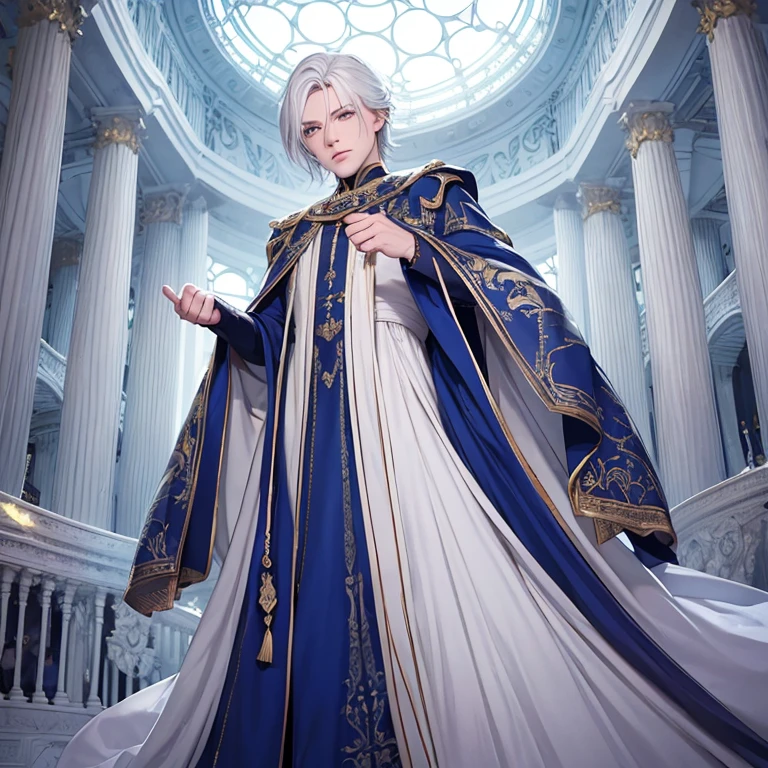Homem albino, magro, looking elderly.
pale, translucent skin, with visible blue veins.
Rugas finas ao redor dos olhos, boca e testa.
Nariz pequeno e arrebitado.
thin, pale lips. Lilac eyes Hair:
Liso, comprido e ralo.
Cor branca como a neve, no pigmentation.
combed back, com algumas mechas caindo sobre a testa. Expression: Serious and contemplative.
Slightly melancholy.
Suggests intelligence, wisdom and benevolence.
Roupa:
A shimmering silver robe, feita de um tecido leve e fluido.
The tunic is long and flowing, falling to the ankles. FUNDO: biblioteca antiga com estantes de livros altas e empoeiradas.