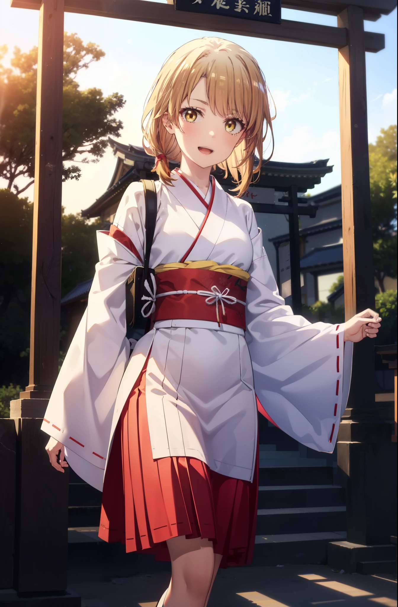 irohaisshiki, iroha isshiki, long hair, brown hair, (brown eyes:1.5), low ponytail,short braided hair,happy smile, smile, open your mouth,Bellflower,Miko, white kimono, Red too,kimono, White footbag,Zori sandals,same as skirt, wide sleeve, long sleeve, Ribbon trim sleeves,  
looking at the viewer, Are standing, 
very long hair, dull bangs, low ponytail, 
break outdoors, shrine,torii,
break looking at viewer, (cowboy shot:1. 5)
break (masterpiece:1.2), highest quality, High resolution, unity 8k wallpaper, (shape:0.8), (fine and beautiful eyes:1.6), highly detailed face, perfect lighting, Very detailed CG, (perfect hands, perfect anatomy),