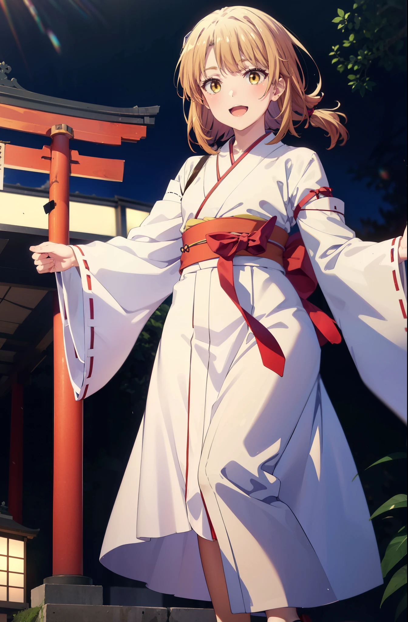 irohaisshiki, iroha isshiki, long hair, brown hair, (brown eyes:1.5), low ponytail,short braided hair,happy smile, smile, open your mouth,Bellflower,Miko, white kimono, Red too,kimono, White footbag,Zori sandals,same as skirt, wide sleeve, long sleeve, Ribbon trim sleeves,
looking at the viewer, Are standing,
very long hair, dull bangs, low ponytail,
break outdoors, shrine,torii,
break looking at viewer, (cowboy shot:1. 5)
break (masterpiece:1.2), highest quality, High resolution, unity 8k wallpaper, (shape:0.8), (fine and beautiful eyes:1.6), highly detailed face, perfect lighting, Very detailed CG, (perfect hands, perfect anatomy),