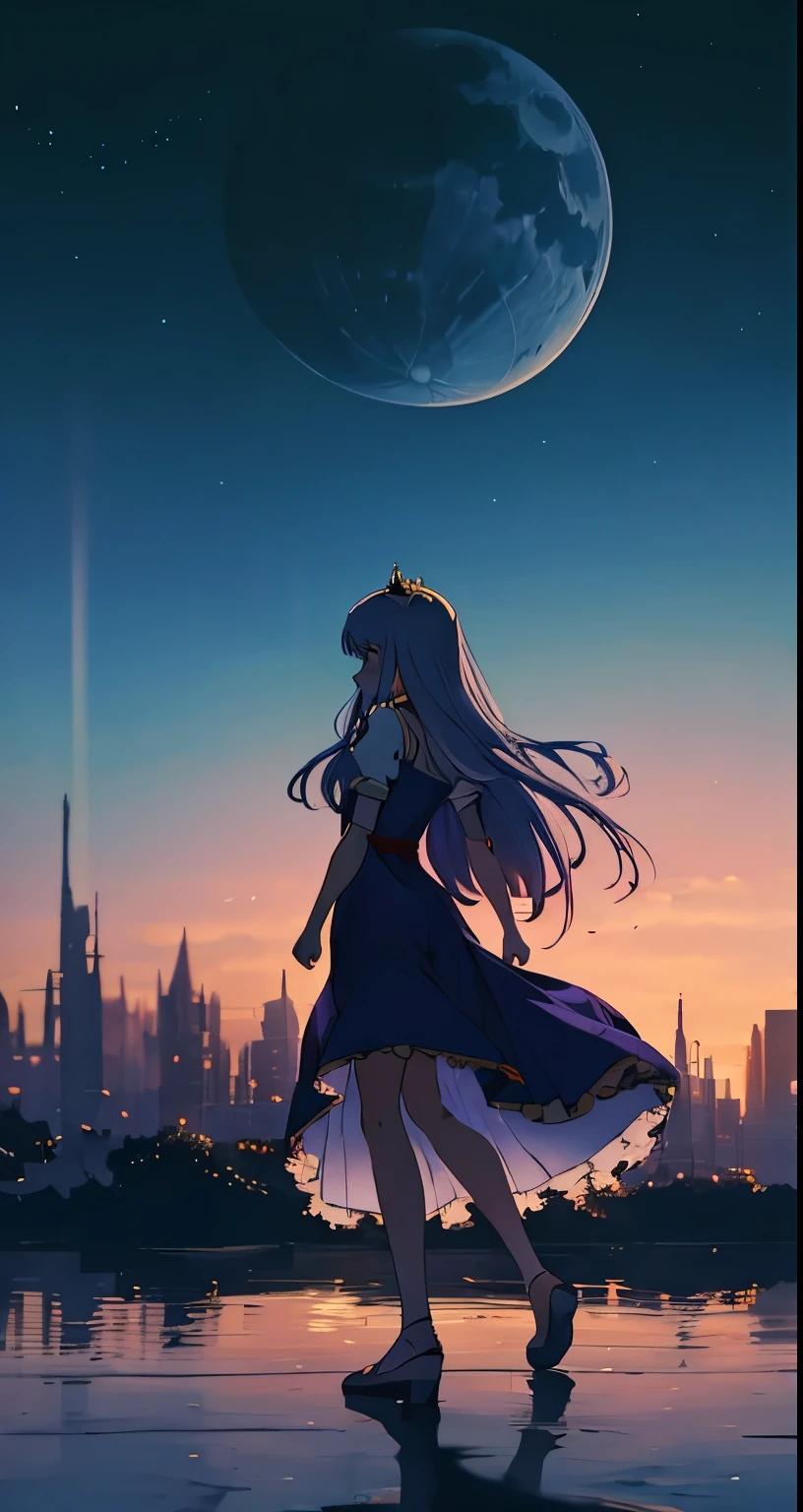princess, anime girl, dress, beautiful, full body, girl touching the moon