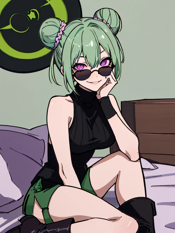 (highres), (best quality), (detailed) 1 girl, alone, medium hair, pastel green hair, twin buns, villain smile, violet eyes, round black sunglasses on head, bedroom, black sleeveless turtleneck top, green shorts, dark brown boots, sitting on bed, hands on face