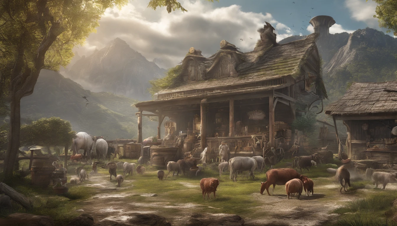 high fantasy, ranch, fantasy background、exterior、(((Lots of animals)),