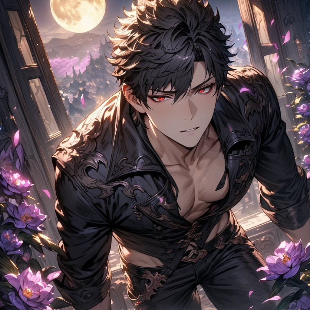 absurdres, highres, ultra detailed, HDR), masterpiece, Belial, black short hair, hair between the eyes, expressive red eyes, black clothes, black pants, 1man, handsome, granblue fantasy, purple flowers, purple petals, moon, window