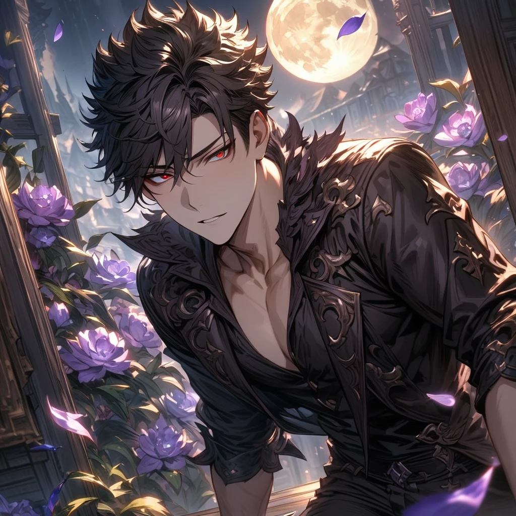 absurdres, highres, ultra detailed, HDR), masterpiece, Belial, black short hair, hair between the eyes, expressive red eyes, black clothes, black pants, 1man, handsome, granblue fantasy, purple flowers, purple petals, moon, window