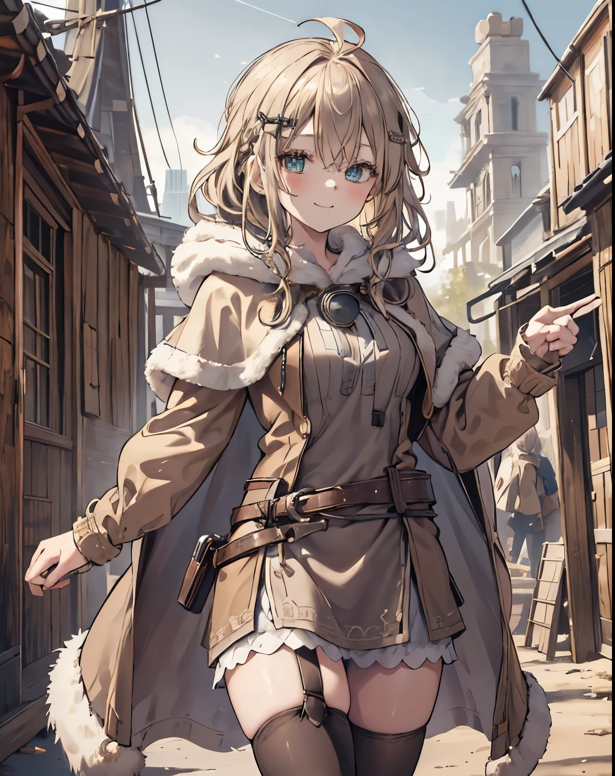 masterpiece, 1girl, sparrow, a blonde haired girl, wearing a brown viking clothes, curly medium hair, messy hair, slim body, wearing furry capelet with hoody, he close her left eye, shirt ornament, aqua eyes, sho show her back, ahoge, red vest, baby face, big breast, beautiful breasts, rounded breasts, braid hair, long sleeves, beautiful eyes, white stocking, droopy eyes, her age is 19 years old, smile, ancient viking 