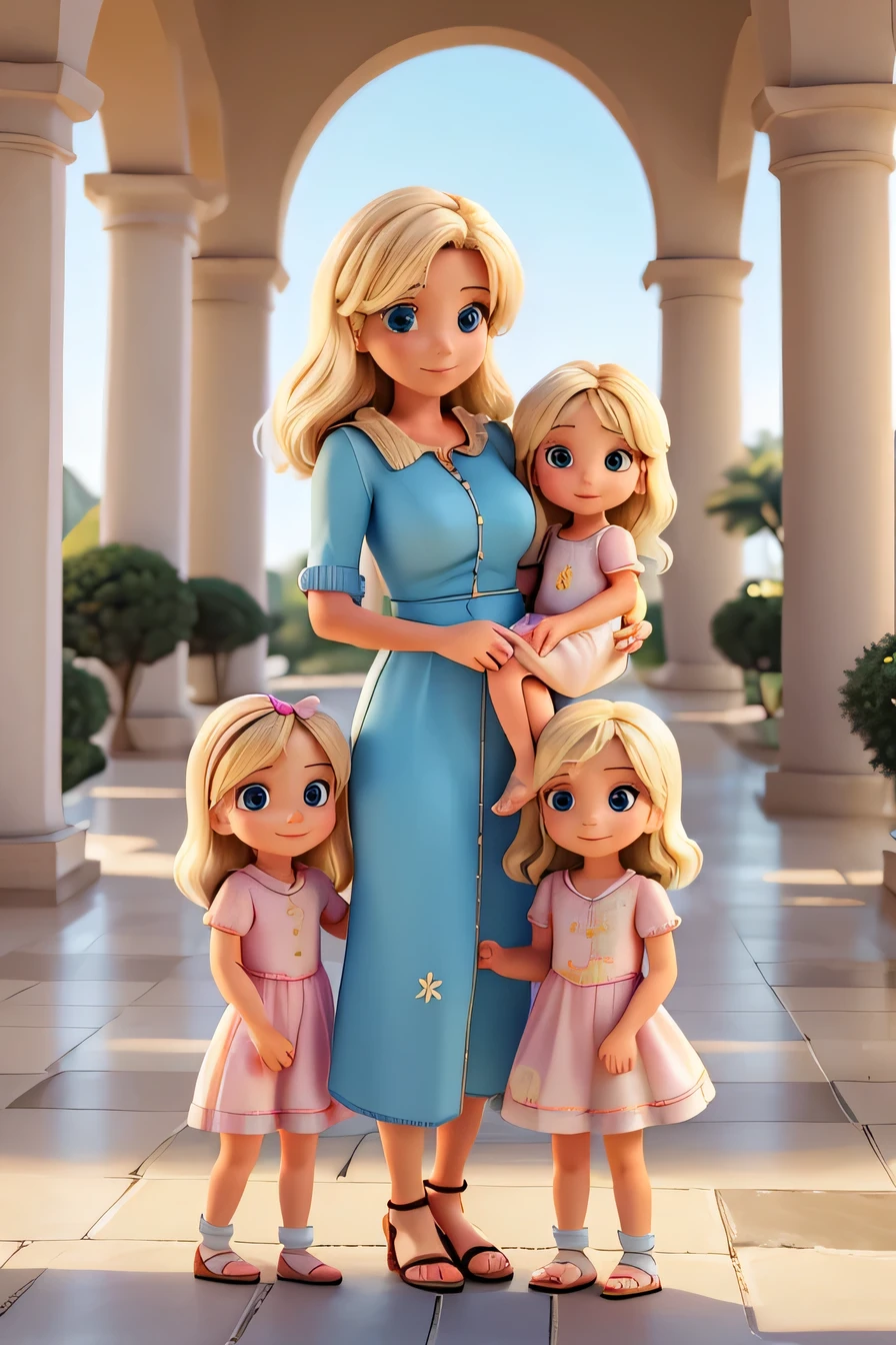 fotografia realista, Mother and young daughter, Blonde haired mother, filha loira, filha de cabelos loiros, olhao brilhantes, passeio, jardinagem, sorrir, vestido estampado, bow on head ((( arms, Perfect legs and feet)))