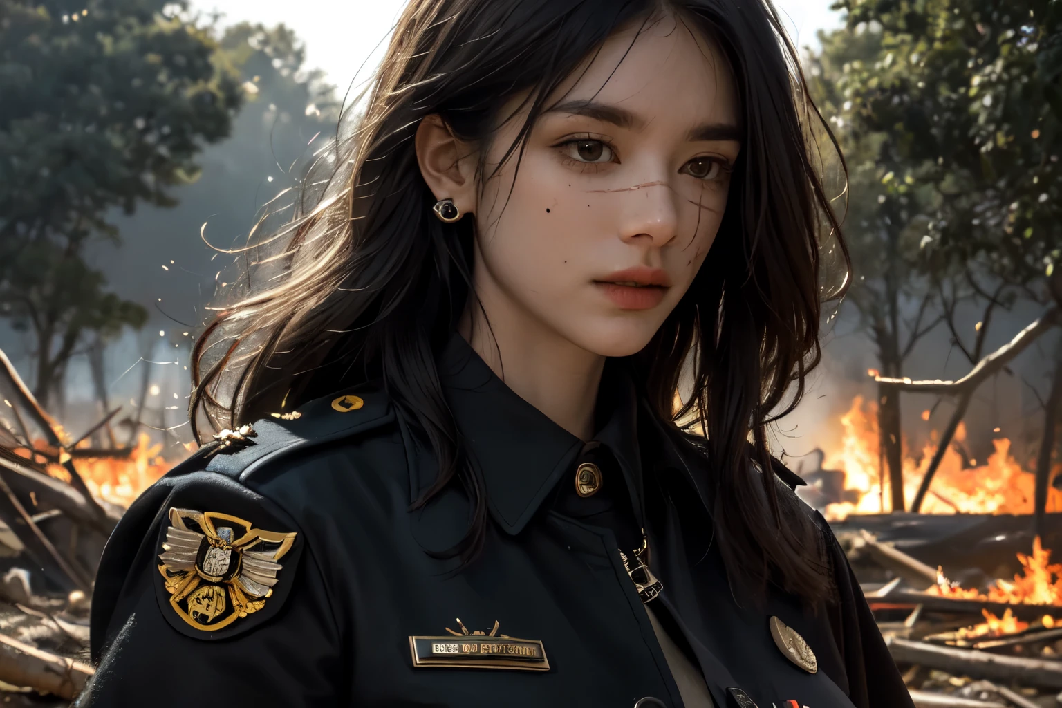 realistic, masterpiece, best quality, close-up, lips , upper body , no makeup, mature female, cowboy shot, black hair, military uniform, black military jacket , black cape , , badge, military jacket , , valor , golden badge , military badge, depth of field, long hair, mole under eye, , earrings, gloves, crowded place , crowd, sun setting , branch, dead tree, fireflies, sparkle, fire_sparkle , fire , scar_on_eye , military badge , medals , blood , bleeding , on fire forest , burning trees , military valor , burning background , crowded place , , big fire , german military , battlefield , nuke explossion , movie poster , magazine poster , big text YORU