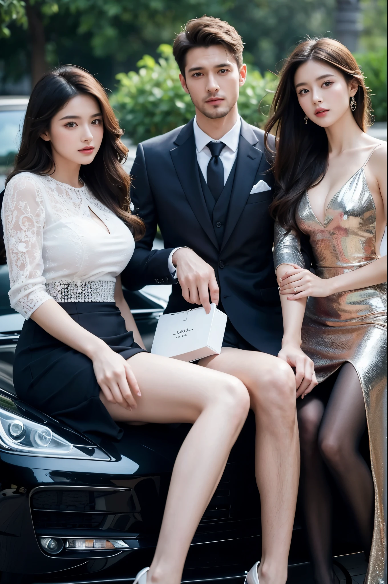 Realistic, 4k, high detailed, high quality, Potrait of one man in a suit and two girls with luxury dress, perfectly proportioned, intimate, Lovers, close to each other , perfect background, perfect face, perfect body, detailed face, look at camera, standing in front of the SportsCar