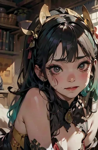 (masterpiece), (High resolution), (super delicate),,(Horror elements), face up,((Alphonse Mucha 1.5))green hair、Clown makeup、Mouth injury
