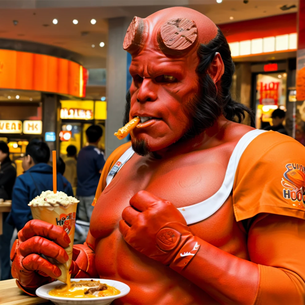 Hellboy wear Hooters Uniform Eating Nacho Cheesesteak on Hooters at Seoul Mall