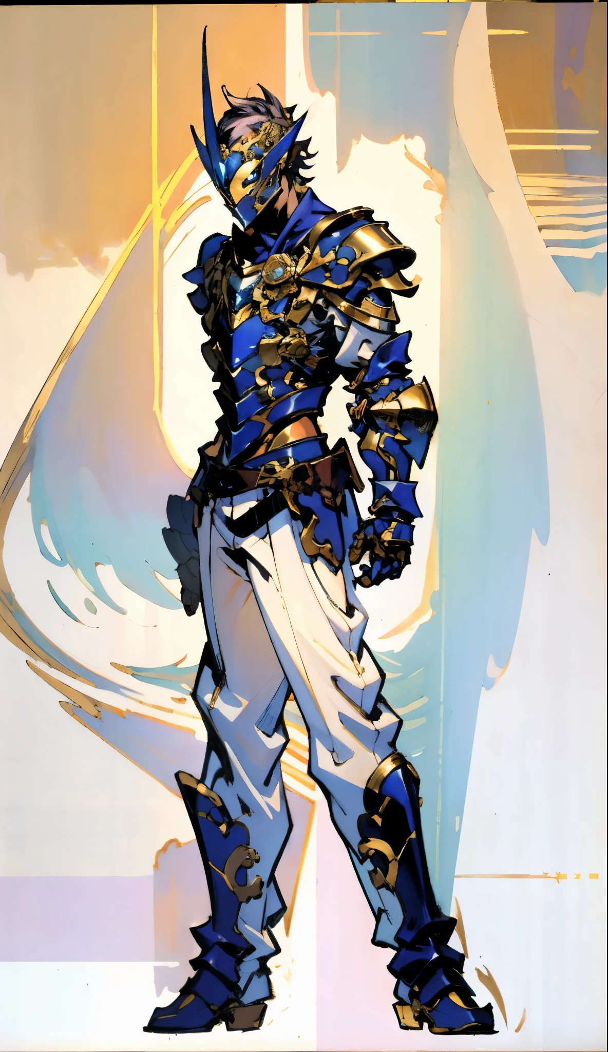 A man with short golden hair slicked back, his face entirely obscured by a Dynastinae concept mask, full mask, cold gaze, clad in an indigo blue fantasy-style Dynastinae concept chest plate, his arms and legs are clad in matching armor, he wears a white undershirt and trousers with golden stripes, standing within a magnificent fantasy-style palace, this character embodies a finely crafted fantasy-style masked light armor warrior in anime style, exquisite and mature manga art style, high definition, best quality, highres, ultra-detailed, ultra-fine painting, extremely delicate, professional, perfect body proportions, golden ratio, anatomically correct, symmetrical face, extremely detailed eyes and face, high quality eyes, creativity, RAW photo, UHD, 32k, Natural light, cinematic lighting, masterpiece-anatomy-perfect, masterpiece:1.5