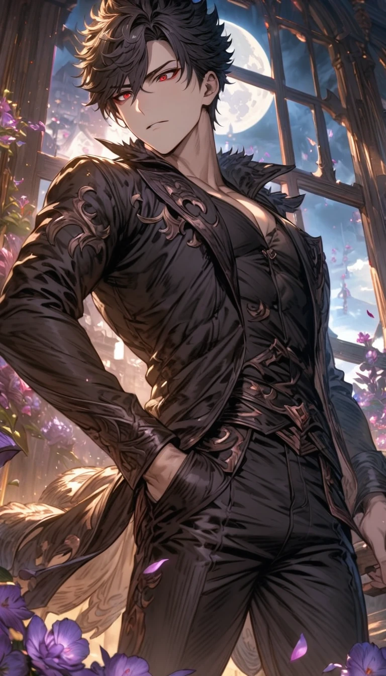 absurdres, highres, ultra detailed, HDR), masterpiece, Belial, black short hair, hair between the eyes, expressive red eyes, black clothes, black pants, 1man, handsome, granblue fantasy, purple flowers, purple petals, moon, window