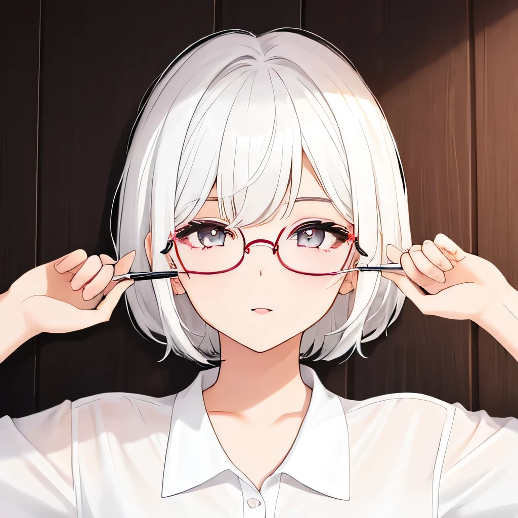 Girly girl, round glasses, white shirt, face close-up, white hair, light white eyes, pure, short hair, bangs