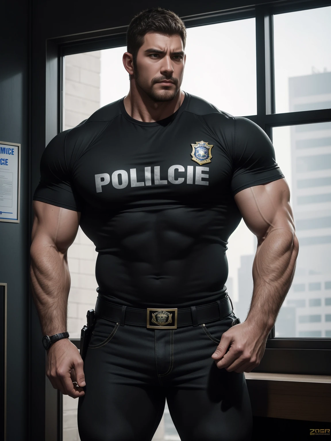 One Tall giant muscular police officer, he was angry, disheveled hair, thick thighs, Yellow and black police officer T-shirt, Very tight, Accentuate muscles, Police uniform pants, character concept(Resident Evil - chris redfield, chris redfield)proud expression, Deep and charming eyes, heroic male pose, tall burly, muscular!muscular thighs, tough guy, perfect facial features, High, burly, Heqiang, Super gain and cool, high resolution committee, Charming strong man, The bright sunshine shines on my face through the window