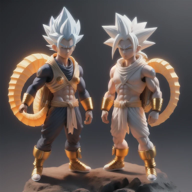 Goku, super saiyan, exquisite hair, arm depiction, white and blue hair body, exquisite shoes, eye depiction, exquisite hair, popmart blind box, clay texture, stepping on the land, black and white background, natural lighting, most good quality, super detail, 3D art, c4d, OC renderer, 3D rendering, 8k