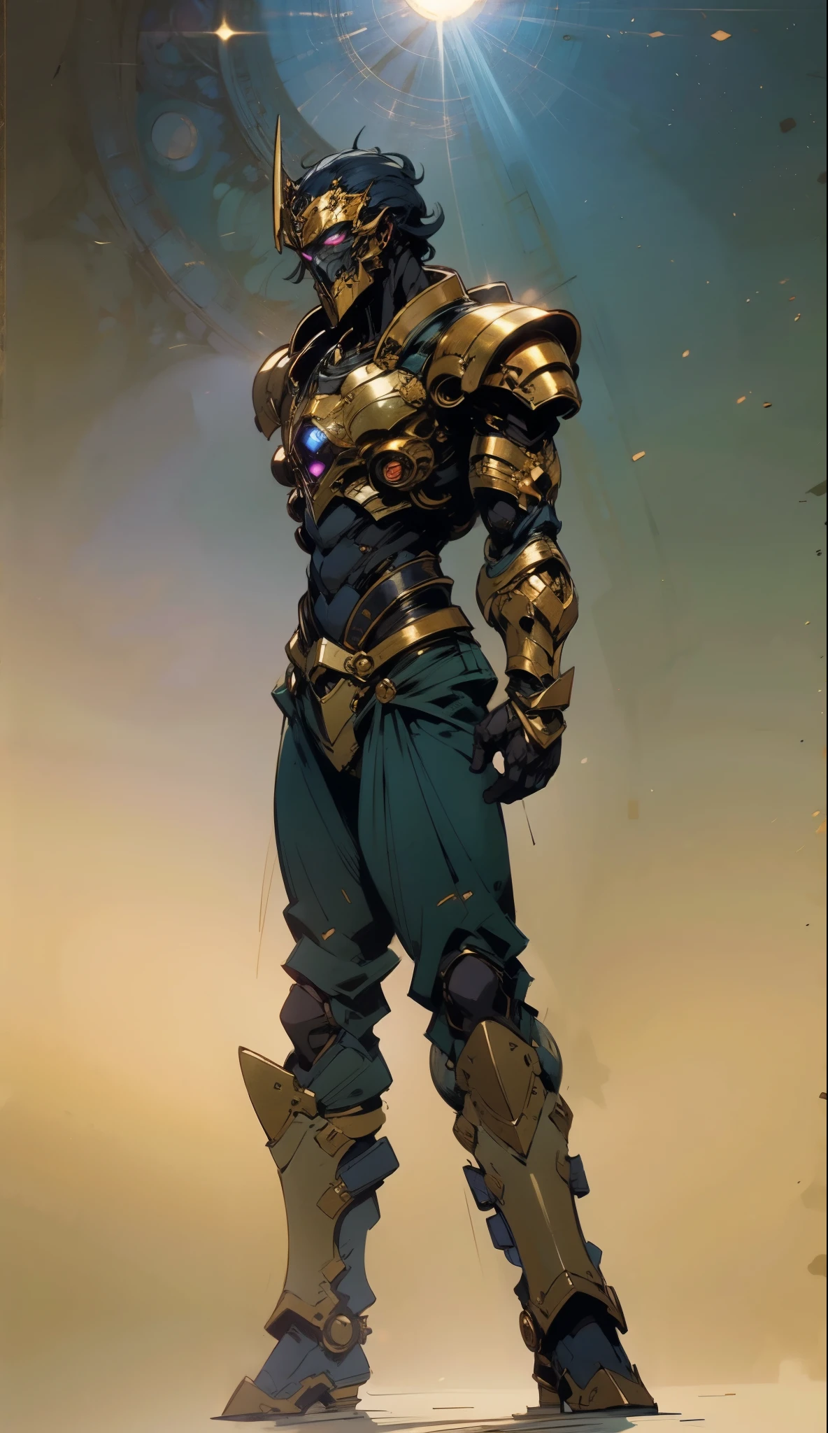 A man with short golden hair slicked back, his face entirely obscured by a Dynastinae concept mask, full mask, cold gaze, clad in an indigo blue fantasy-style Dynastinae concept chest plate, his arms and legs are clad in matching armor, he wears a white undershirt and trousers with golden stripes, standing within a magnificent fantasy-style palace, this character embodies a finely crafted fantasy-style masked light armor warrior in anime style, exquisite and mature manga art style, high definition, best quality, highres, ultra-detailed, ultra-fine painting, extremely delicate, professional, perfect body proportions, golden ratio, anatomically correct, symmetrical face, extremely detailed eyes and face, high quality eyes, creativity, RAW photo, UHD, 32k, Natural light, cinematic lighting, masterpiece-anatomy-perfect, masterpiece:1.5