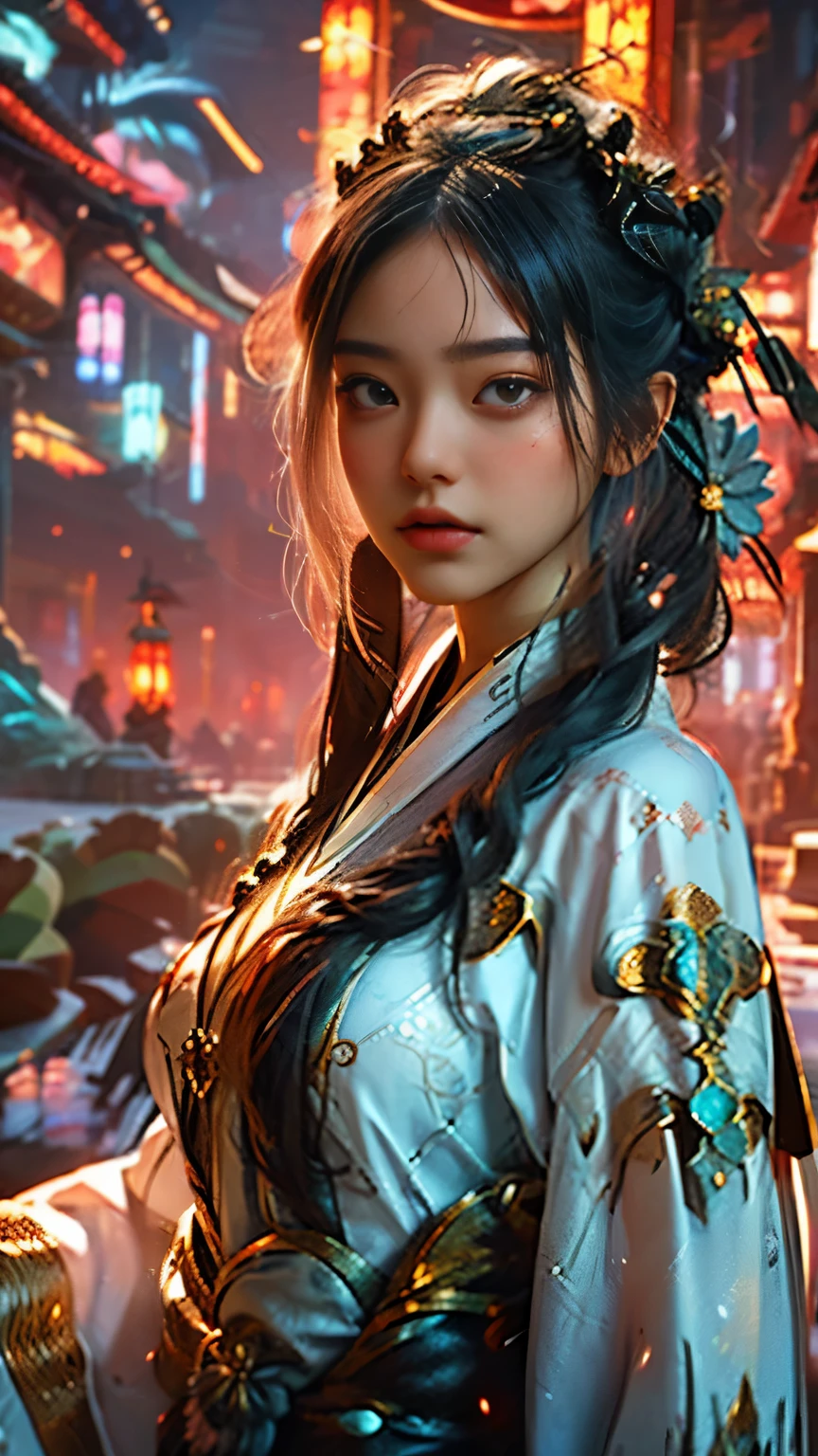 Best quality and masterpiece, this high-resolution artwork features a stunning depiction of a single girl. With a detailed face that captures every intricate feature, from the delicate curve of her lips to the sparkle in her eyes, the level of realism is truly astounding. The artist has expertly portrayed the girl's upper body, showcasing her graceful posture and ethereal beauty. Set against a backdrop of cyber cities, mountains, and rivers, the scene is bathed in the soft glow of moonlight, punctuated by the gentle flickering of firefly lights. Every element is rendered with meticulous precision, creating a realistic and immersive experience. Adding to the enchantment is the girl's attire, a breathtaking white hanfu that accentuates her beauty. With a flawless complexion