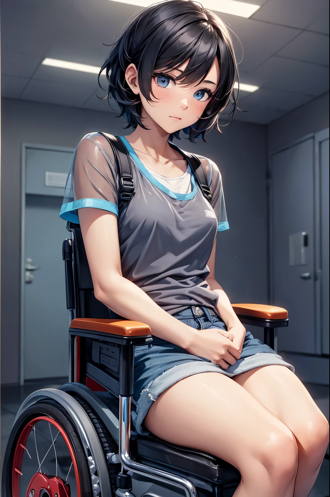 (Super detailed, realistic), Hospital scene, [Moderate:oil], [Professional:1.1], [Physically based rendering], [Bright colors], [sharp focus], [studio lighting], [extreme details], [highest quality,4k,8K,high res,masterpiece:1.2],(focus on upper body),inside the house,inside the room,((1 boy aged 18,femboy,trap)),flat chest,(short black hair),(dark), [nervous eyes],(see-through-mesh-tops,shorts,boots),((ride in an electric wheelchair)),((operate a power wheelchair))