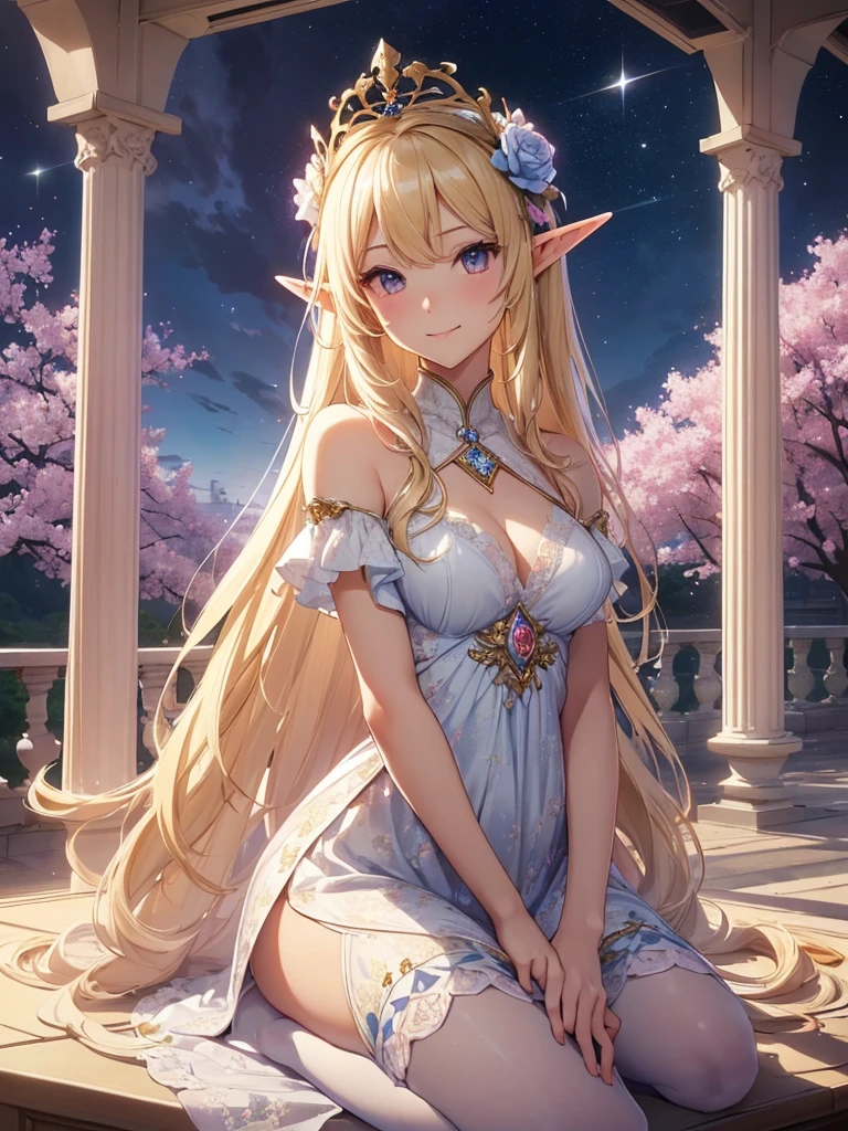 highest quality、Highest image quality、masterpiece、beautiful face、、Titania、Super beautiful elf beauty((22 years old OL big bust、bust 90,beautiful long ironed hair、blonde、Height: 165cm。slender、sexy、Esbian、beautiful tiara、night、High quality、美しいart、Beautiful bed、canopy、Sky curtain、muste piece、ビジュアルart、Depth of the bounds written、、elf ears、、Lightのmagic、universe、A happy smile、穏やかなLight、Elven Forest、cherry blossoms、、elegant、ticker beautiful decorative、marble columns、fresco、Mosaic floor、mystical　rosa、Rose、flower瓶、magicのflower、flowerを作るmagic、Light、　the sky、beautiful dressy、beautiful dresyth、ART、Lord of the Ring、spectacular scenery、sexy、friendly smile、Fantastic、cherry blossoms、舞い散るflowerびら、cherry blossomsのflower、universeのmagic、magicのLight、fantasy、flower、super REALITYたくさんのRose、magic、Interior decoration、Many tapestries、Grow fantasy、、mysteryのLight、Florence、Rome、byzantine、renaissance、Art nouveau、alphonse　Mucha、、art、art,mystery,UHD,magicalgentle light,sexy、