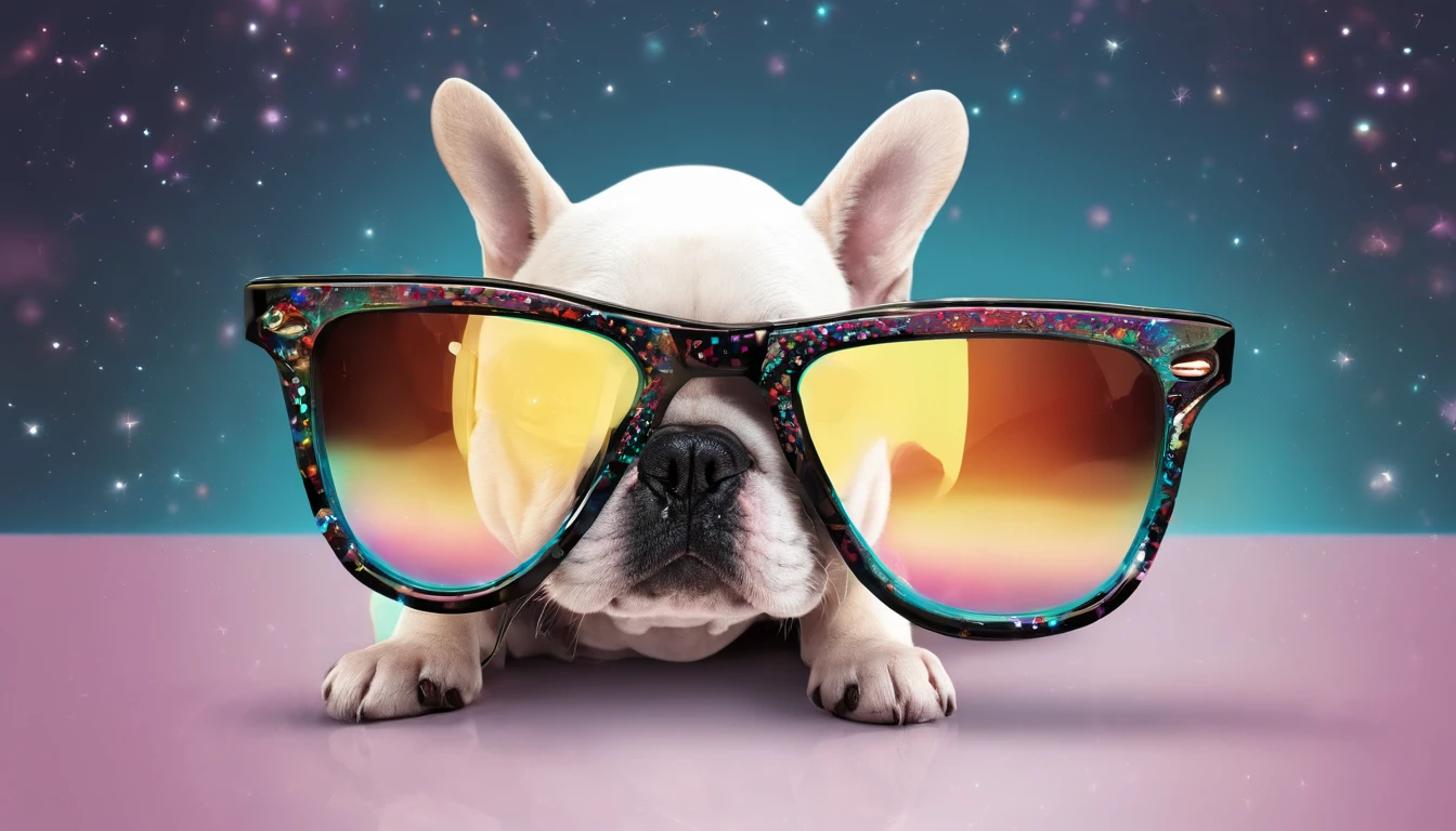 (best quality,high resolution:1.2),(mignon,adorable),(Realistic,photo-Realistic),(French Bulldog:1.1),(Porter des lunettes:1.1),(grands yeux ronds,detailed eyes),(Detailed lips,dog&#39;s lips),(texture de fourrure fine,cheveux courts),(noir et blanc:0.9),(adorable expression du visage:1.1),(Fashionable glasses,Stylish glasses),(pose ludique, energetic),(colorful background, Couleurs vives)