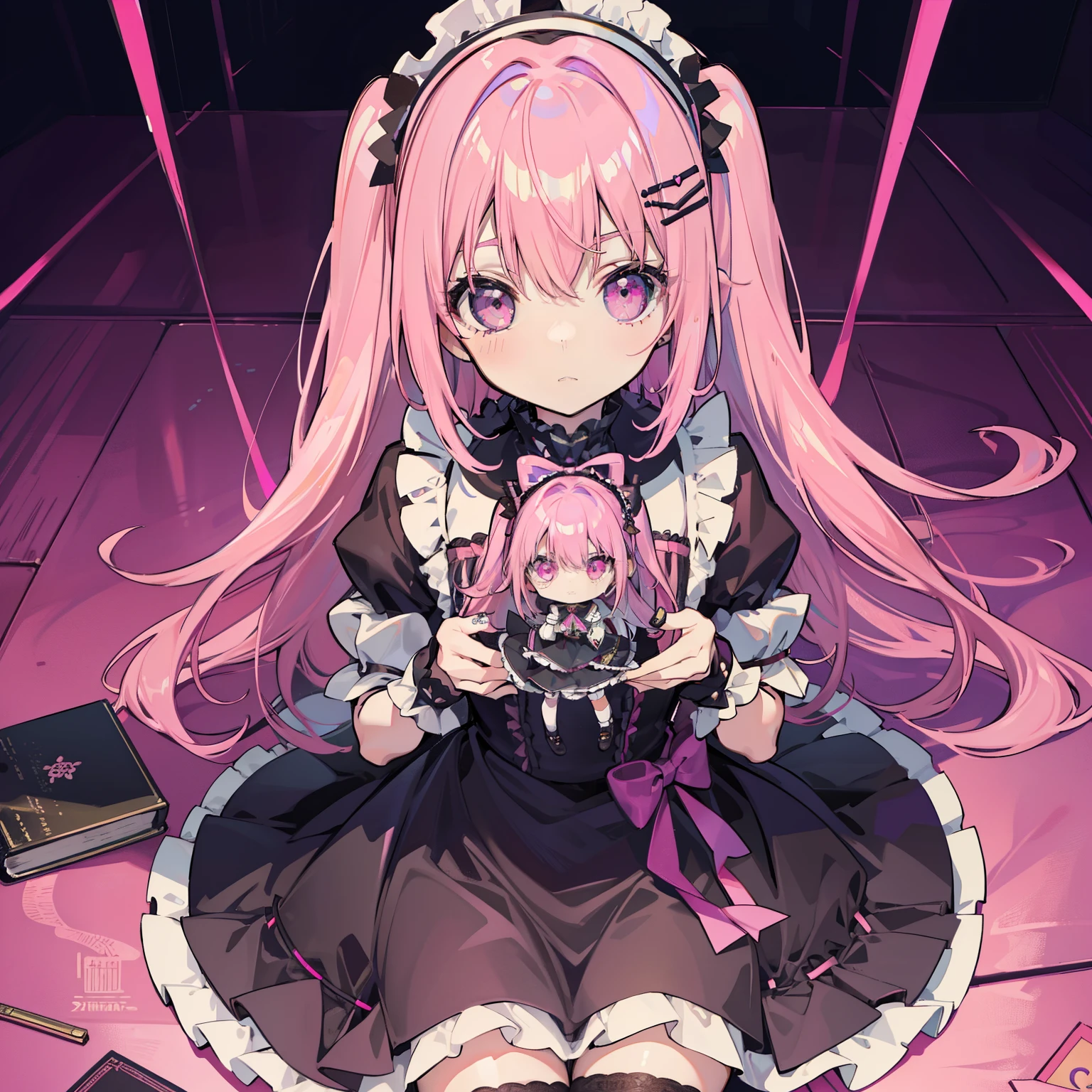 table top,very detailed,1 girl,alone,pink hair、wavy hair、long hair,pink eyes,,sunglasses,black socks,sit at desk、Pink motif、ta、Fine writing、Lots of small ribbons、No expression、Burikko、incredibly cute、Black and pink hair、view from above、Girl Like a Doll、goth dress、bulging dress、pannier、black and pink dress、loliス