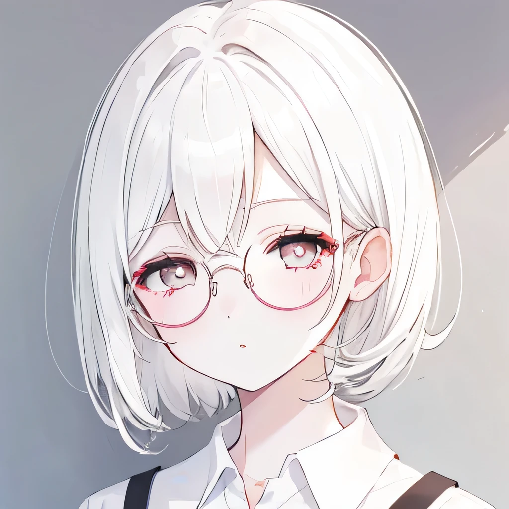 Girly girl, round glasses, white shirt, face close-up, white hair, light white eyes, pure, short hair, bangs, pale, smart, pencil 