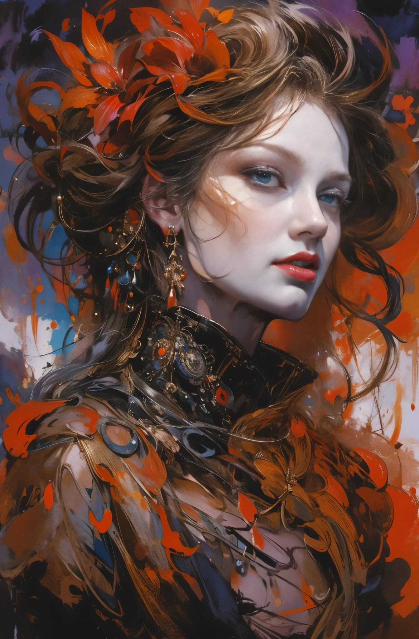 Painting of a woman in scarlet and black colors, Maureen O&#39;Hara, pretty much beautiful face, Ultra-detailed paintings inspired by WLOP, Trending with ArtStation, fantasy art, intricate WLOP, art of WLOP, WLOP art, WLOP |, the style of WLOP, beautiful character drawings, WLOP painting style, WLOP | art germ, Unparalleled Beauty Tumbler, figurative art, intense watercolor, watercolor detailed art, watercolor splash, surreal, avant-garde pop art, Beautiful and expressive paintings, Beautiful artwork illustration, very colorful tones, wonderful, cool beauty, master piece, highest quality, official art, women only, sharp outline, best shot, vector art, Written by Sandra Chevrier, dave mckean、By Richard Avedon、Written by Makiezi Kusiala, luminous design