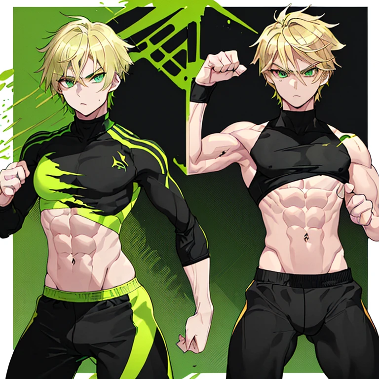 (powerful and energetic figure:1.1),(young and fit male:1.1),(toned body),(standing),(intense gaze),(bright green eyes),(fair skin),(short and blonde hair),(wearing black and tight-fitting sportswear),(sporty outfit),(confident stance)