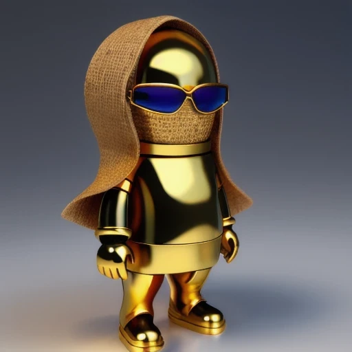 Brilliant Gold Diamond Maya Star, Burlap Cloak Mummy Hood Platinum Silk Cyberpunk Light Crossbow Space Station 1:500 miniature models, illustration, Side view, (Side view), Wear gold-rimmed reflective sunglasses, Carrying future weapons, very happy, Side view, whole body, 3d, (nautilus) octane rendering, perfect appearance, Collagen protein