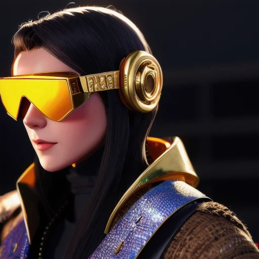 Brilliant Gold Diamond Maya Star, Burlap Cloak Mummy Hood Platinum Silk Cyberpunk Light Crossbow Space Station 1:500 miniature models, illustration, Side view, (Side view), Wear gold-rimmed reflective sunglasses, Carrying future weapons, very happy, Side view, whole body, 3d, (nautilus) octane rendering, perfect appearance, Collagen protein