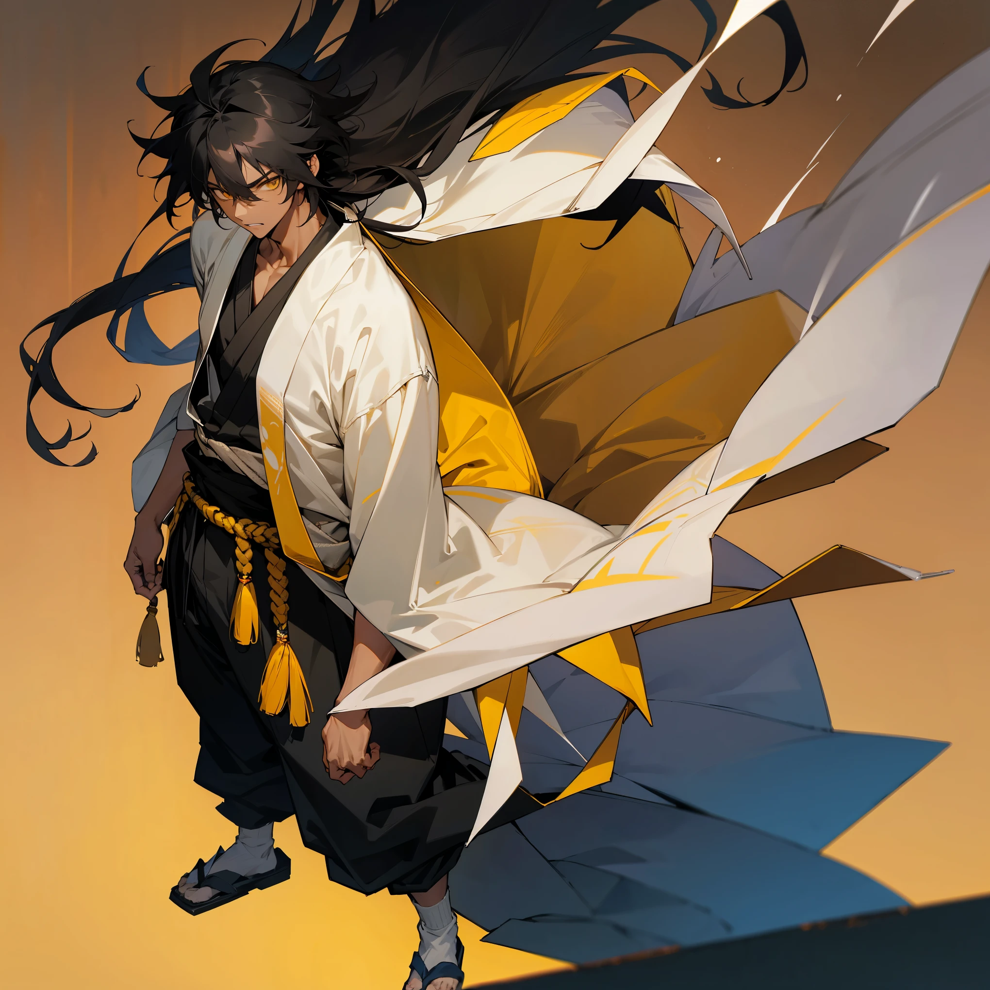 1male , Black Yukata , Baggy Pants , Socks with sandals , Japanese, Messy Hair , Adult Male , Muscular Build , Combat Clothing , Long Hair , Black Hair , Dark Skin , Yellow Eyes , Standing on Path