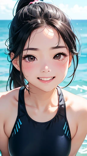 highest quality、realistic、Japanese、girl、zoom、look up、cute、Gray eyes、ponytail、black hair、all back、Forehead is coming out、Ocean、light blue swimsuit、joy、Grinning、face close up