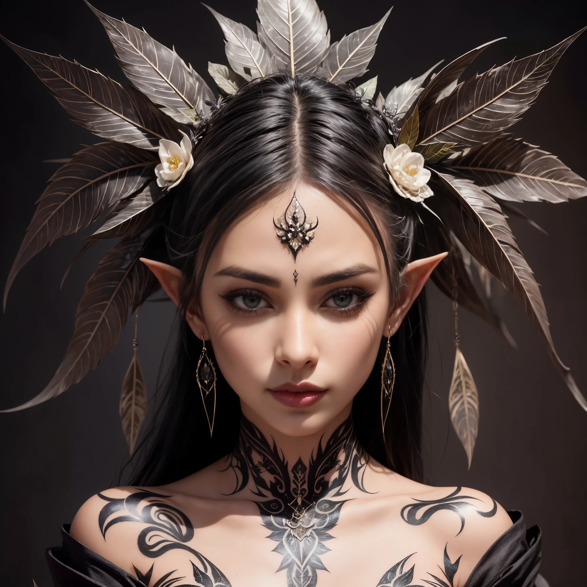 a close-up of a beautiful, hot, horny, sexy young black elf, with black hair tied in a bun, silky skin, thorn tiara with black funeral flowers adorning her head, with beautiful eyes, beautiful lips, wearing earrings, tattoos covering her chest to neck, posing and in the background hundreds of black crow's feathers, beautiful dark elf with sensual stylized tattoos, an elf with hair covered in funereal flowers and hyper-realistic thorns, glamorous stylish photorealistic elf, a succubu elf tattooed with feathers of crows around intricate details.