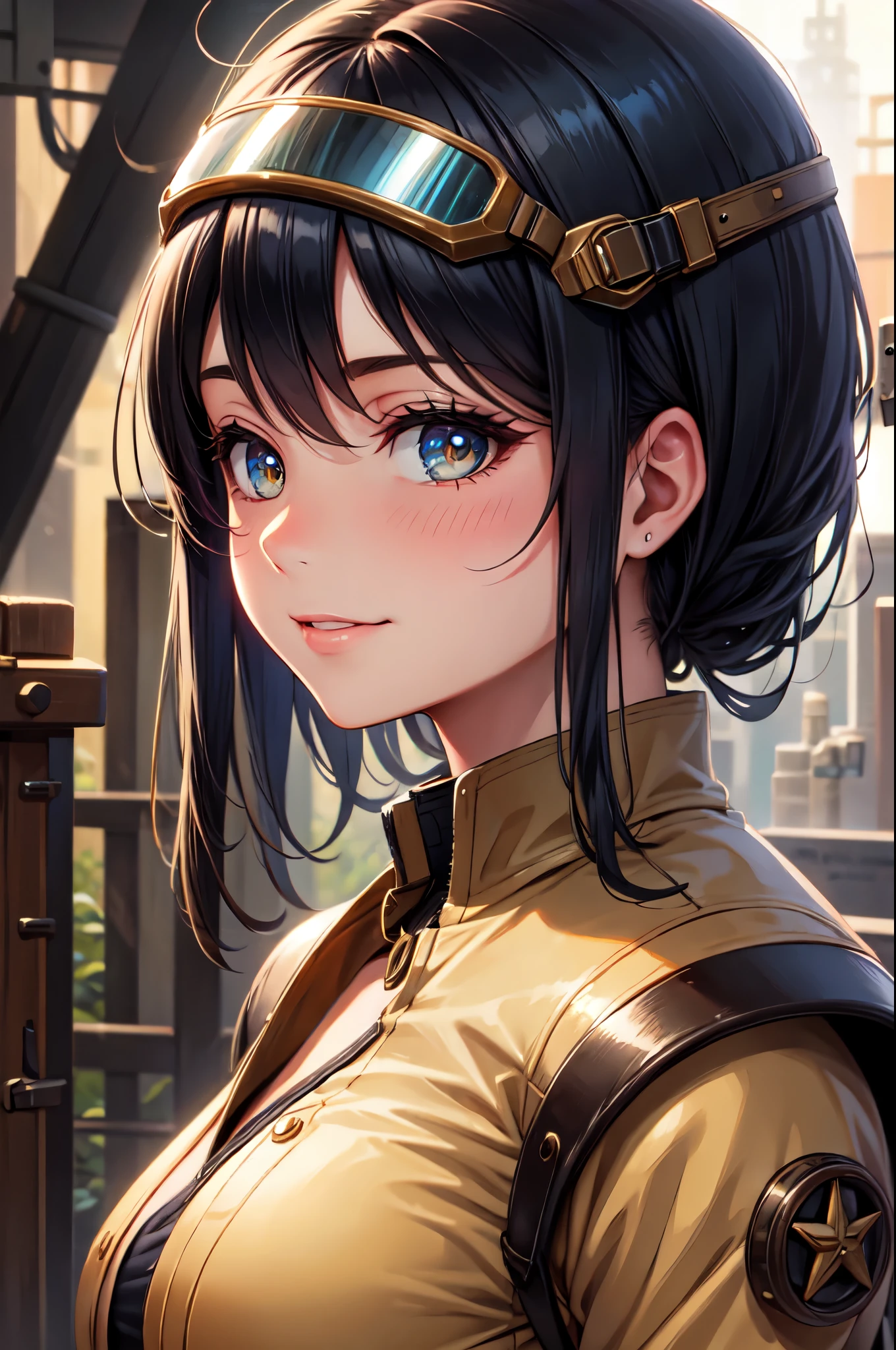 (High quality, High resolution, Fine details), steampunk, industrial landscape, vintage attire, solo, curvy women, black hair, (goggles), sparkling eyes, (Detailed eyes:1.2), smile, blush, Sweat, Oily skin, Soft tones, shallow depth of field