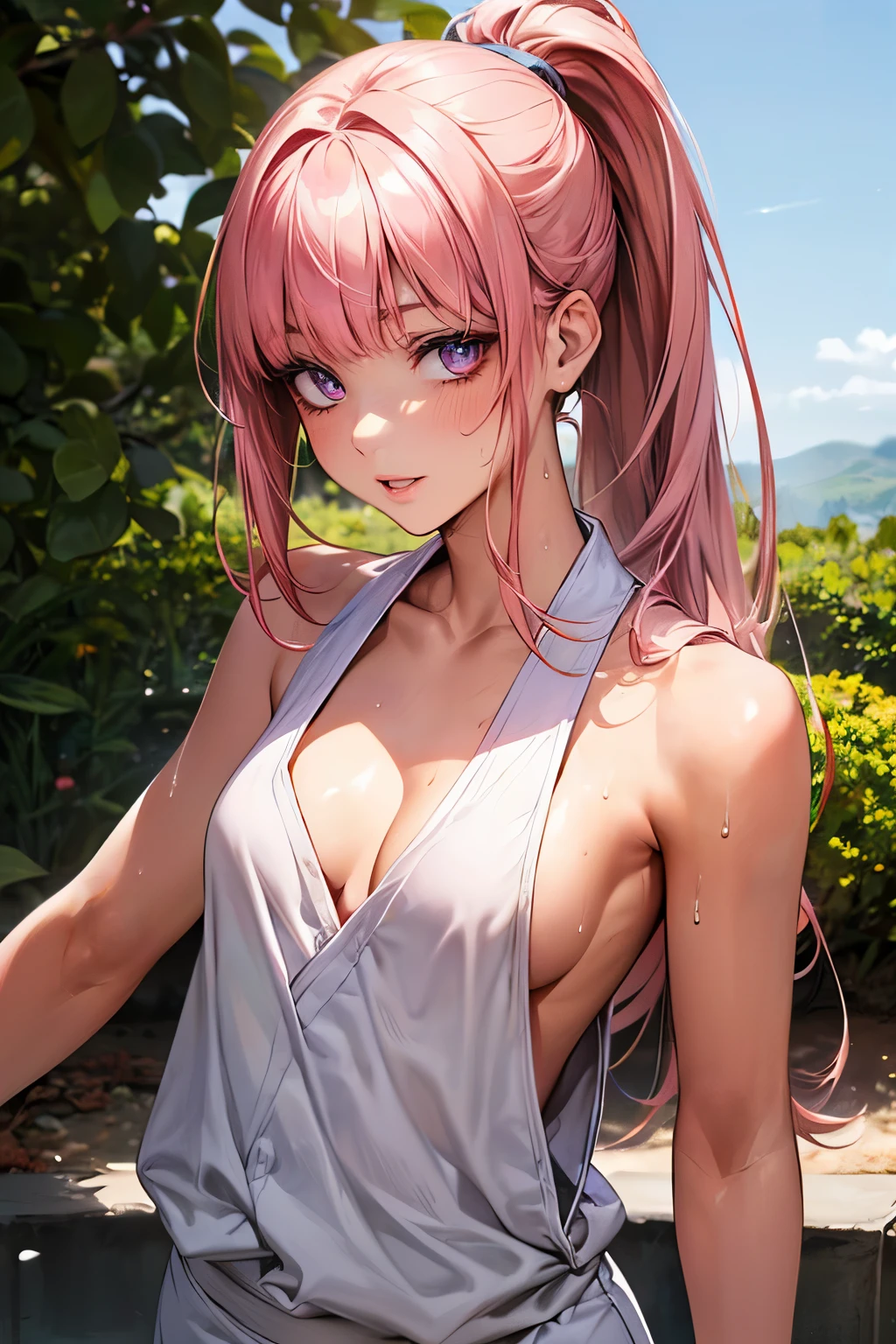 nsfw,((perfect anatomy,realistic,:1.4,RAW Photography:1.3,masterpiece、highest quality、Ultra - High resolution、High resolution、Highly detailed CG、8K)),1 female,solo,((20 year old beauty,beautiful detailed face and eyes,gorgeous eyes,pink eyes)),((pink hair,ponytail,long hair,blunt bangs,straight hair)),((medium breasts,slender body,small head:1.4,skinny)),(oily skin,gleaming skin,shiny skin,sweat:1.4),((Karate's white uniform, cleavage,sleeveless、white micro shorts)),karate training in progress:1.5,action pose、Japanese-style garden、Japanese-style house、Tokyo、moonlight、